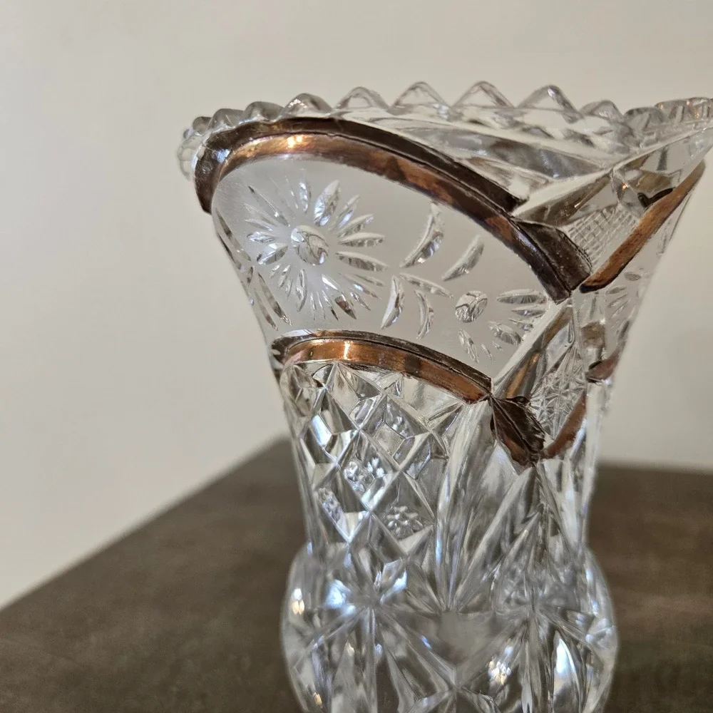 Vintage Cut Glass Tripod Footed Vase Gold Trim Scalloped Rim Floral DiamondClear
